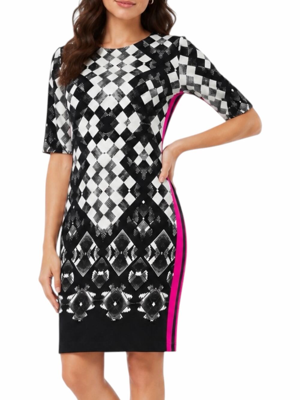 Eliza J Geometric Printed Short Sleeve Shift Dress Pink Stripe Size 2
